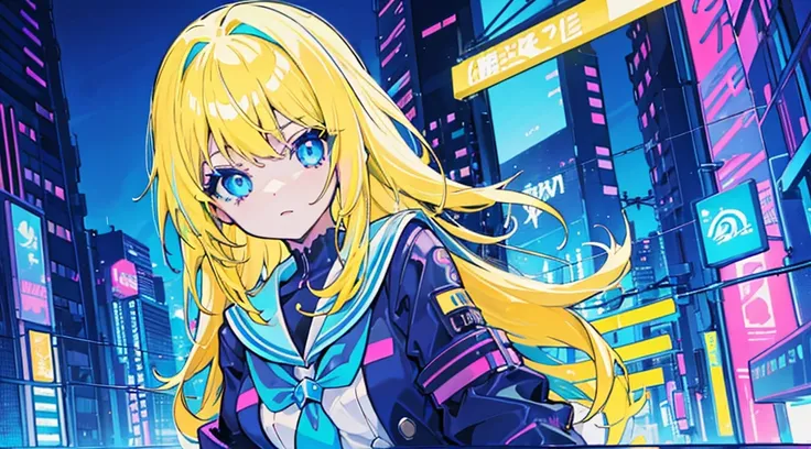 (neon colors), (1 girl, blonde hair, blue eyes, sailor suit), (blue cyberpunk city, blue neon)