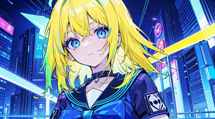 (neon colors), (1 girl, blonde hair, blue eyes, sailor suit), (blue cyberpunk city, blue neon)