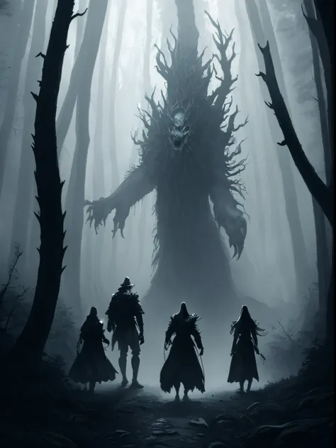 Four people walking in the woods with a huge monster, dnd in a dark forest, Inspired by Jakub Rozaski, High Fantasy Illustration, Ominous fantasy illustration, Fantasy RPG book illustrations, epic fantasy sci fi illustration, dark fantasy concept art, Jaku...