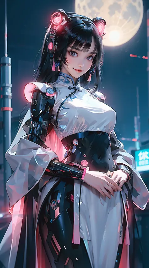 1 girl, chinese_clothes, liquid silver and pink, cyberhan, cheongsam, cyberpunk city, dynamic pose, glowing headphones, glowing ...