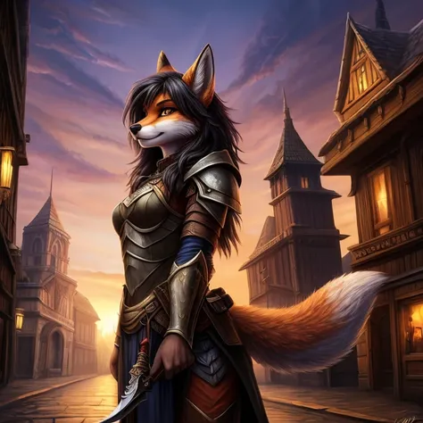 solo, female, furry, anthro, fox, orange, fantasy, rogue, sexy armor, standing in town, looking up to towers, small breasts, thin body, holding dagger, sly face, black messy hair, super detail, masterpiece, super detail, high quality, high resolution, high...