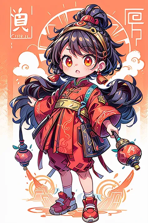 Game character design，(((Vector illustration style)))，(1 chubby child，Wearing traditional Chinese New Year red costume，Wearing an auspicious gemstone headdress), (Fuwa&#39;s facial expression is cute and enthusiastic，The eyes are shining，The corners of the...