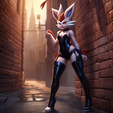 solo, female, furry, anthro, cinderace, pokemon,  fantasy, rogue, sexy leather outfit , standing in alley , looking at streets, legs spread, small breasts, thin body, holding flail, alluring face, black messy hair, super detail, masterpiece, super detail, ...