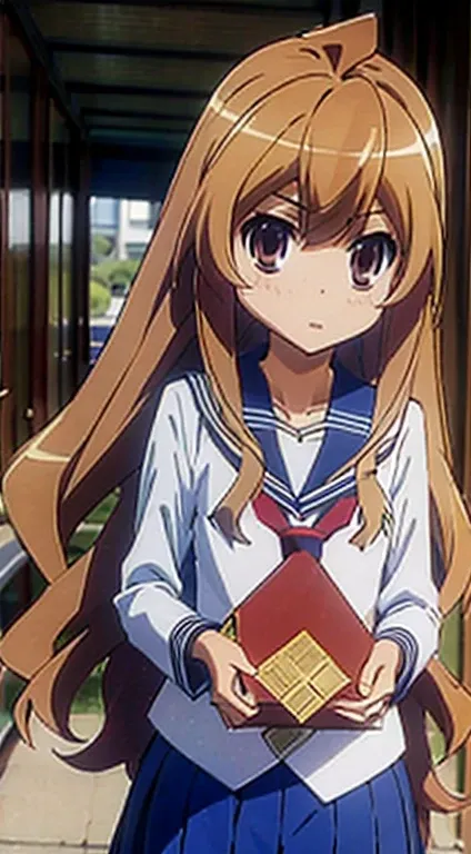 masutepiece,absurderes,Best Quality,High quality,1girl in,Aisaka Taiga,Long hair,School uniform,Black sailor suit,Looking at Viewer,(flat chest:1.1) ),read upper body books,Outdoors,Black pantyhose