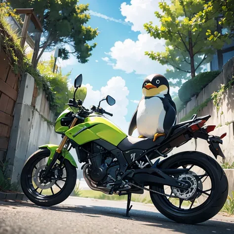 Penguin on a green sports motorcycle