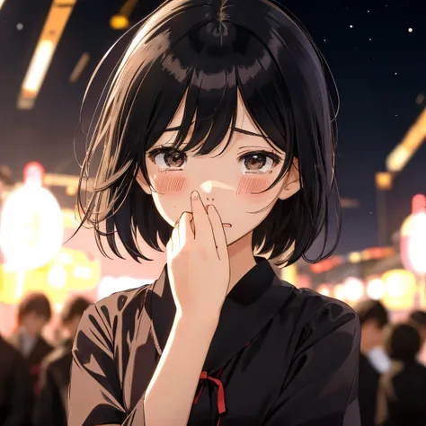 in the style of Chi no Wadachi, manga style, a girl wearing a school uniform reaching hand, crying, distraught face, surrounded by darkness, black hair, her face scribbled out, ((wide shot)), ((centered)), ((distanced)), ((in the distance surrounded by dar...