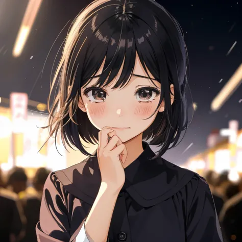 in the style of Chi no Wadachi, manga style, a girl wearing a school uniform reaching hand, crying, distraught face, surrounded by darkness, black hair, her face scribbled out, ((wide shot)), ((centered)), ((distanced)), ((in the distance surrounded by dar...