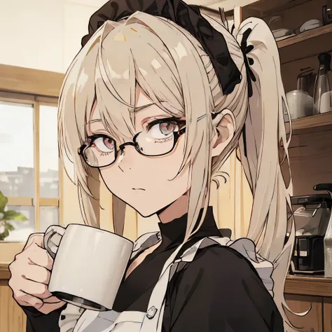 ⓪action： drinking coffee, (coffee mug:1.4) ①quality：(ultra-detailed:1.3), masterpiece, 8k, extremely detailed cg, (1 girl), perf...