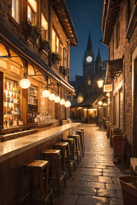 absurd highres, (no human:1.3), Front view of a bar in a Medieval City with buildings of marble and wood , beige colors , night light