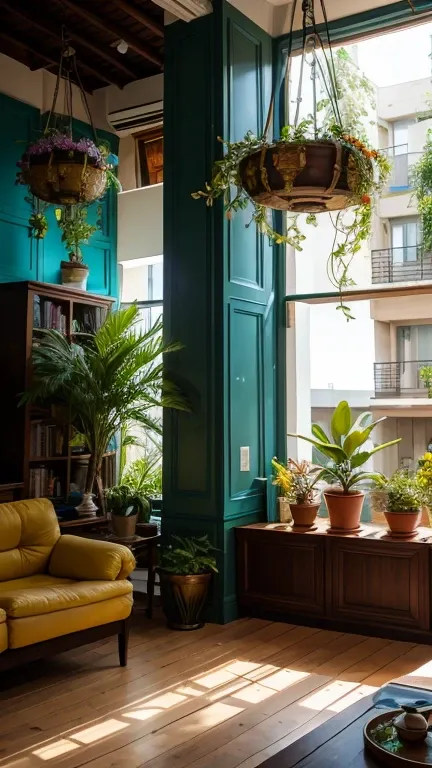 Architectural Digest foto de una sala de estar verde maximalista {vaporwave/steampunk/solarpunk} con muchas flores y plantas, luz dorada, surrealismo hiperrealista, award-winning masterpiece with incredible detail, breathtaking epic, sentado un joven rubii...