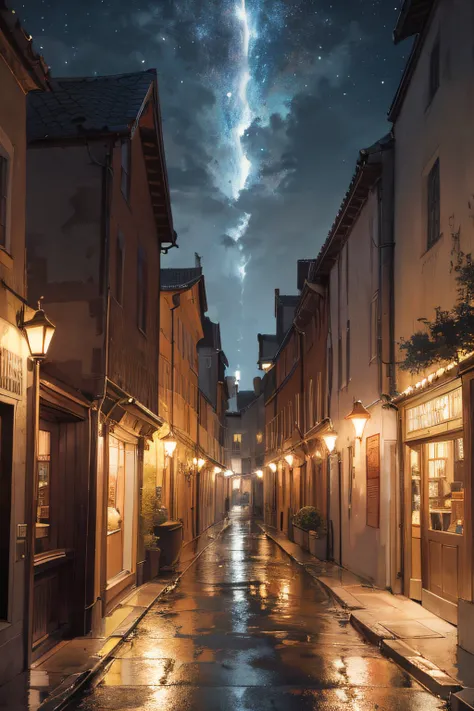 absurd highres, (no human:1.3), view of an alleyway in a Medieval City with buildings of marble and wood , dark colors , night , dim lights