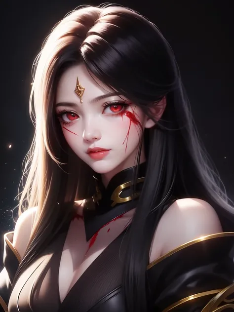 ((masterpiece,best quality)),beautiful detailed eyes, detailed face, 1girl,white long hair, red eyes, small sized breasts,looks at the viewer, blood on the face, (black background:1.2), bloody particles, full body,