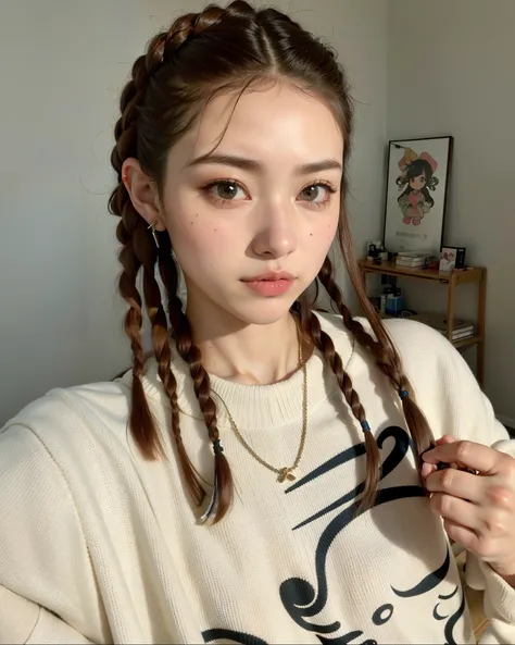 cropped woman with long hair and a white sweater holding scissors, penteado twintails, penteado pigtails, dois penteados pigtails, long braided hair on top of head, com rabo-de-porco preto, Cabelo de rabo de porco, long braided hair pulled back, Cai Xukun,...