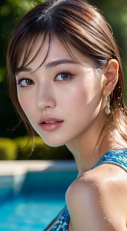 (Best quality, 8k, 32k, Masterpiece, UHD:1.2),Photo of Pretty Japanese woman, 1girl,side portrait, (large breasts:1.2), (tall female), (abs, slim figure:1.2), (lips), (medium-short dark brown hair), double eyelid, wet shirt, realistic ray light, pool