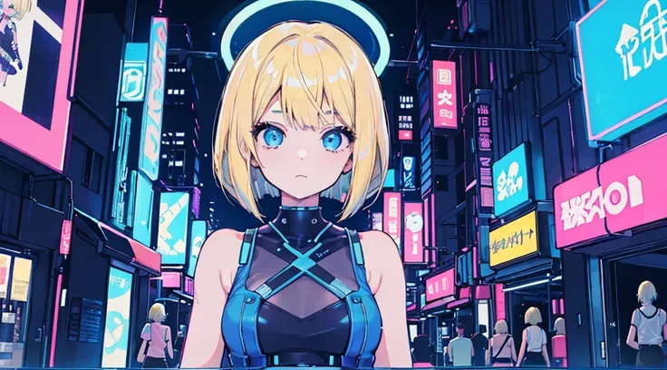 (1girl, blonde hair, bob cut, tank top), (blue cyberpunk store, blue neon)