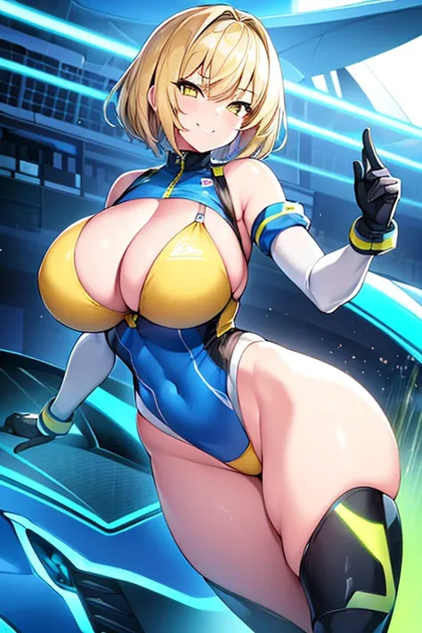 1girl, large breasts, breasts, thick thighs, wide hips, blonde hair, very short hair, short hair, yellow eyes, bikini, white bikini, neon trim, blue neon trim, smile, smirk, smug, machinery, futuristic, science-fiction, tech, shoes, sneakers, blue neon tri...