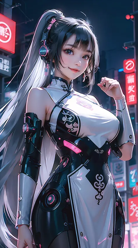 1 girl, chinese_clothes, liquid silver and pink, cyberhanfu, cheongsam, cyberpunk city, dynamic pose, glowing headphones, glowin...