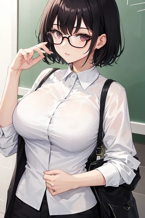 slim, big breasts, black hair, short hair, white shirt, glasses,