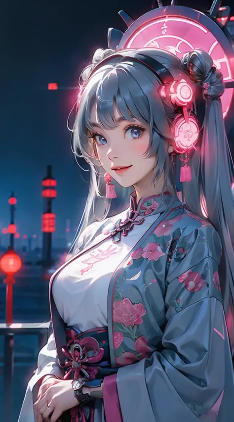 1 girl, Chinese_clothes, liquid silver and pink, cyberhanfu, cheongsam, cyberpunk city, dynamic pose, glowing headphones, glowing hair accessories, long hair, glowing earrings, glowing necklace, cyberpunk, high-tech city, full of mechanical and futuristic ...