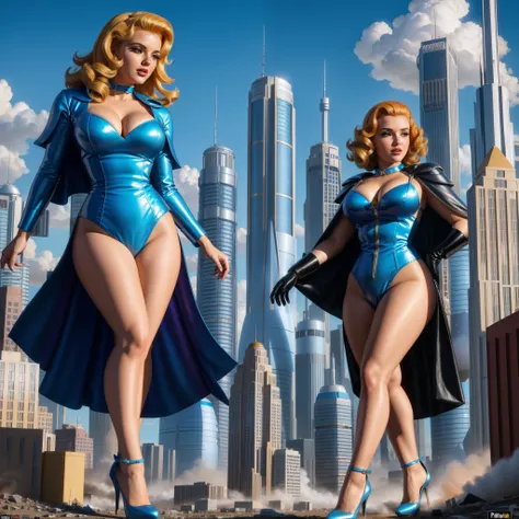 (Masterpiece, Best Quality), 8k Wallpaper, highly detailed, poster, vintage sci-fi film, 1960s, a magazine cover with sexy giant pinup-girl towering over a tiny city, a portrait by Paul Kane, cinematic movie poster, perfect face, Attack of the 50 foot woma...