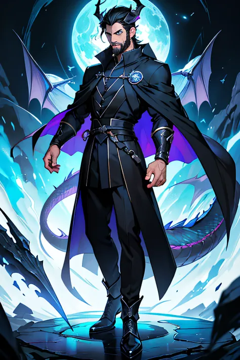 a man in a black coat and a blue cape , full portrait of elementalist, dapper dream demon, lunar themed attire, official character art, skinny male fantasy alchemist, human and dragon fusion, official art, evil male sorcerer, silver eyes full body, full bo...