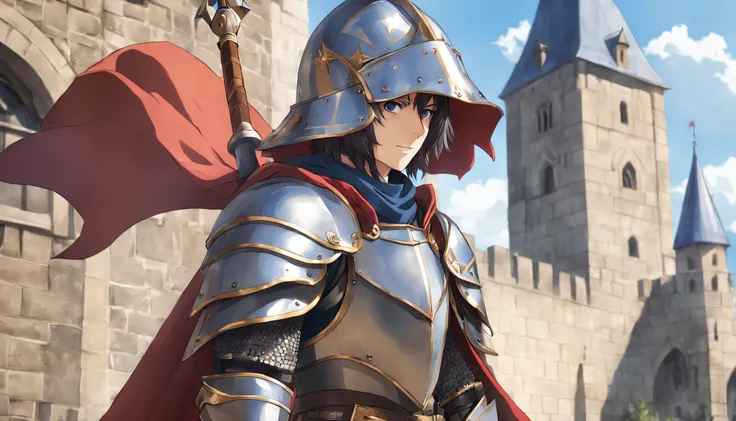 um homem, armadura grande, medieval, anime, Isekai, armadura com capacete,UHD