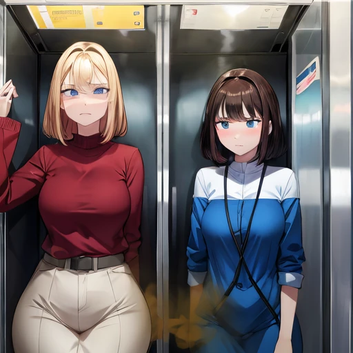 dos mujeres en un ascensor con las manos en las caderas, en un ascensor, (sfw) seguro para el trabajo, chicas de anime, dos herm...