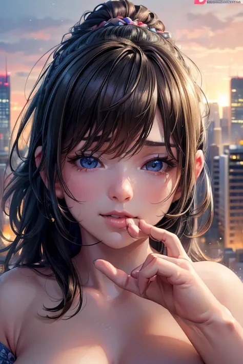 (best quality,ultra-detailed,realistic:1.37),large-scale realistic portraits,HDR,UHD,studio lighting,towering naked giantess,full cityscape background,interactive perspective with viewer,explicit sexual encounter,strong emotional connection,feeling of exci...