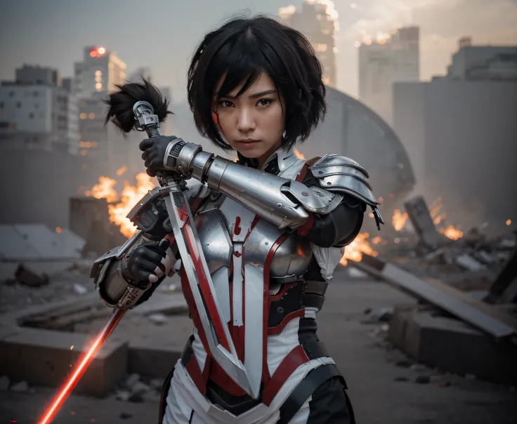 Hermosa mujer guerrera, Cara japonesa, Pelo negro corto, modern japanese style cyborg full heavy metal armor, color rojo con detalles blancos, in each hand he holds ultra-modern laser-edged swords, she is in a completely destroyed modern asian city, Fuego,...