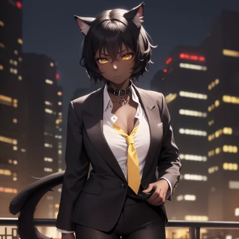 (best quality:1.1), (masterpiece:1.2), (solo), ((black skin)), catgirl, (yellow eyes), ((cat ears)), (short black hair), (white cat tail), ((suit, pet collar)), serious expression, ((city background)), midnight