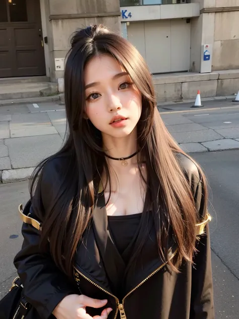 Mulher com cabelos longos e uma jaqueta preta em uma rua da cidade, Asian girl with long hair, com cabelos longos, menina coreana, com longos cabelos escuros, penteado liso, com longos cabelos pretos, com cabelos longos e olhos penetrantes, young asian gir...