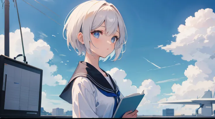 Short hair woman cute character studying sky 8k