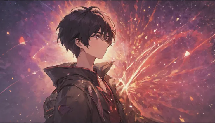 Dark-haired young man,is wearing  jacket,Heart pounding,Hold your chest,Mysterious atmosphere,cosmic sky,male people,