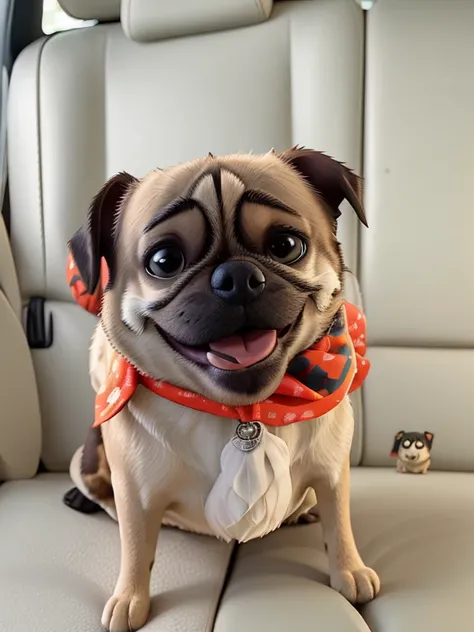 araffe dog sitting in the back seat of a car wearing a bandana, he‘s wearing a red neckerchief, happily smiling at the camera, pug-faced, a still of a happy, very slightly smiling, miko, he‘s wearing a red scarf, very excited, evil pug, cute furry needs yo...