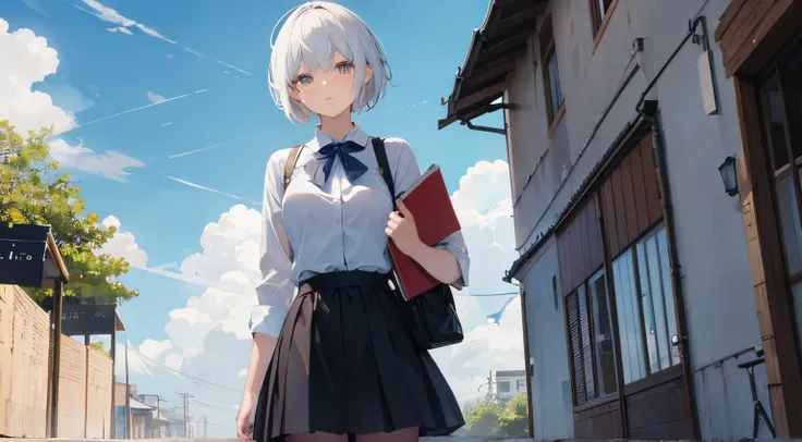 short hair woman.cute little.a character.studying.sky.8K