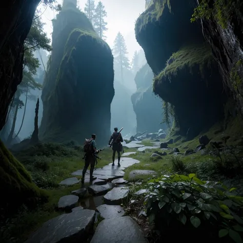 The background is a huge dark hole，There are two people in front of the cave entrance，with his back to the viewer，With a weapon in his hand，fantasy，adventuring，dnd，the dark forest，