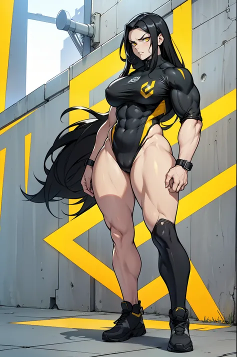 1 girl pale skin black hair yellow eyes long hair angry muscular toned body bodybuilder curvy wide hips thick thighs (full body) solo solo solo solo