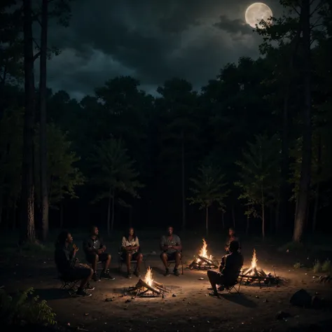 Wide angle shot of  a camp fire with black men and black women sitting around it,  in the middle of the forest, night time with the full moon shining, through the dark clouds, giving a grey and black colour grading, cinematic scene, octane 3d rendering, 32...