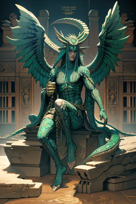 Masterpiece, best quality, {best quality}, {{masterpiece}}, {highres}, anime, 1boy, adult man, attractive, exotic, Quetzalcoatl, Kukulkan, Serpent God, dragon, serpent, flying feathers, plumage, Aztec, gold, gold, thunder, thunder