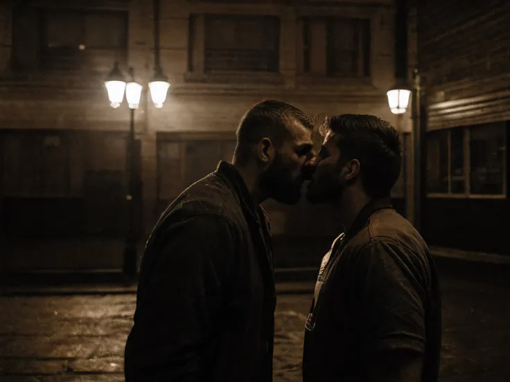 forbidden love, masterpiece, best quality, 2boys, adult males, beards, chavs, rough, dirty, Mancunian, mean, bullies, druggies, skinheads, in the neighbourhood, , soft kiss , romantic, realistic, dramatic lighting, atmospheric, intricate detail, epic shot,...