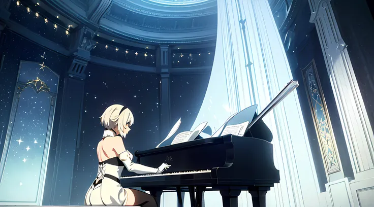 Imagine uma paisagem urbana tranquila, mergulhado em tons brancos puros, under a starry sky. no centro, 2B de nier: Automata senta-se graciosamente ao piano, cercado pela beleza tranquila deste mundo em tons de marfim. As estrelas acima brilham, casting a ...