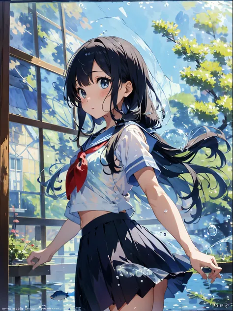 bubble, rating:safe, air_bubble, underwater, 1girl, fish, long_hair, submerged, school_uniform, serafuku, solo, water, skirt, neckerchief, short_sleeves,(Impressionism:1.4),