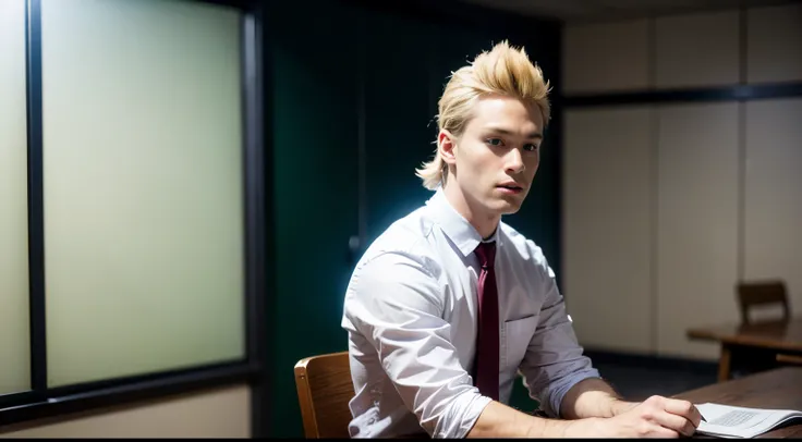 mirio, mirio, short hair, blonde hair, spiked hair, BREAK shirt, school uniform, white shirt, necktie, collared shirt, belt, pants, red necktie, green pants, u.a. school uniform, BREAK looking at viewer, upper body, BREAK indoors, classroom, BREAK (masterp...