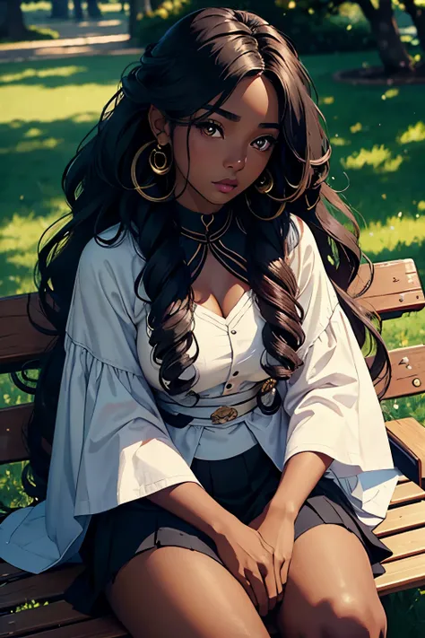 Gabriel Union, beautiful young woman, long hair, curly hair, a lot of make-up, dark skin, portrait. Sitting on a park bench, Semi-realistic face shot, long head, big nose, big lips, ebony skin, mischievous, attractive, attention to depth, angle view