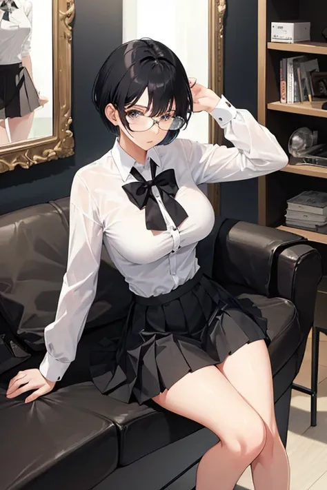 1 girl, (slim body:1.3), big breasts, black hair, short hair, white shirt, pleated skirt, black stockings, glasses,