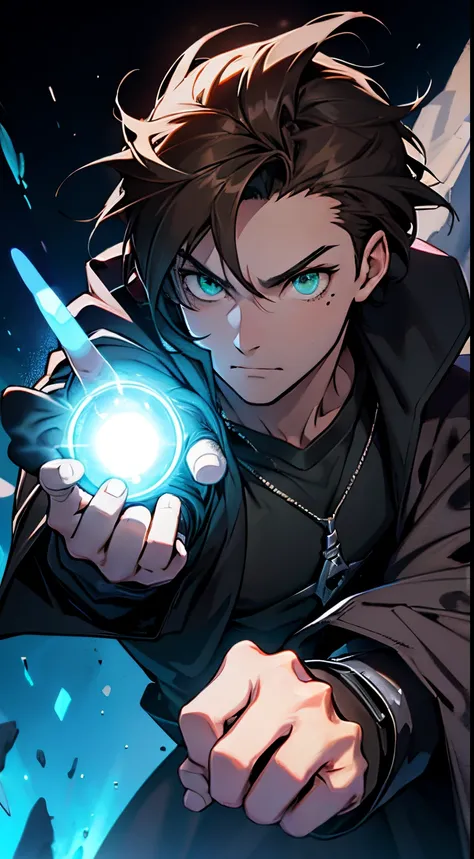 Anime, dark fantasy, brown haired boy, green eyes, two moles under the right eye, finger gun in front of the face pointing up, gray cloak on top of dark brown shirt, black glove with bright blue stones on knuckles, bright blue energy ball at the finger tip...