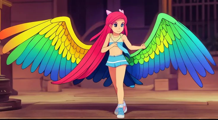 girls.Must be wearing clothes.rainbow color long hair,wing clothes.wings shoes