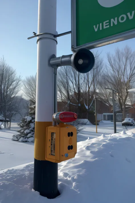 There is an emergency phone on a pole in the snow