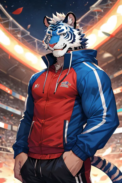 tmasterpiece, Anthropomorphic blue tiger, No hair, 黑The eye, Gentle eyes, red strip,  end, heavy muscular figure, goodlooking, track suit, Smiling,