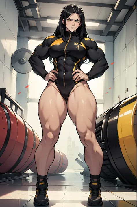 1 girl pale skin black hair yellow eyes long hair angry muscular toned body bodybuilder curvy wide hips thick thighs (full body) solo solo solo solo